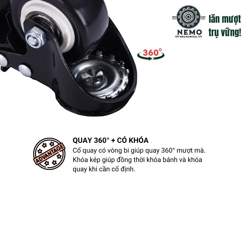 Bánh xe đẩy hàng đen trắng, loại cọc vít, có bạc đạn, đường kính bánh 4cm và 5cm, 40-50kg/1bánh